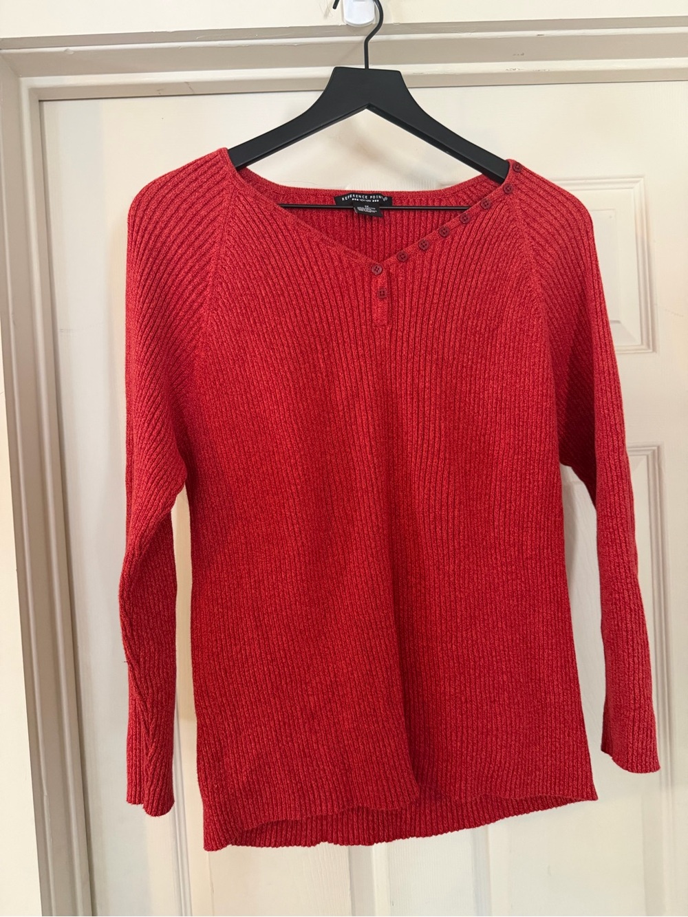 Reference Point Vtg Red Ribbed Scoop Neck Sweater button detail 100% Cotton